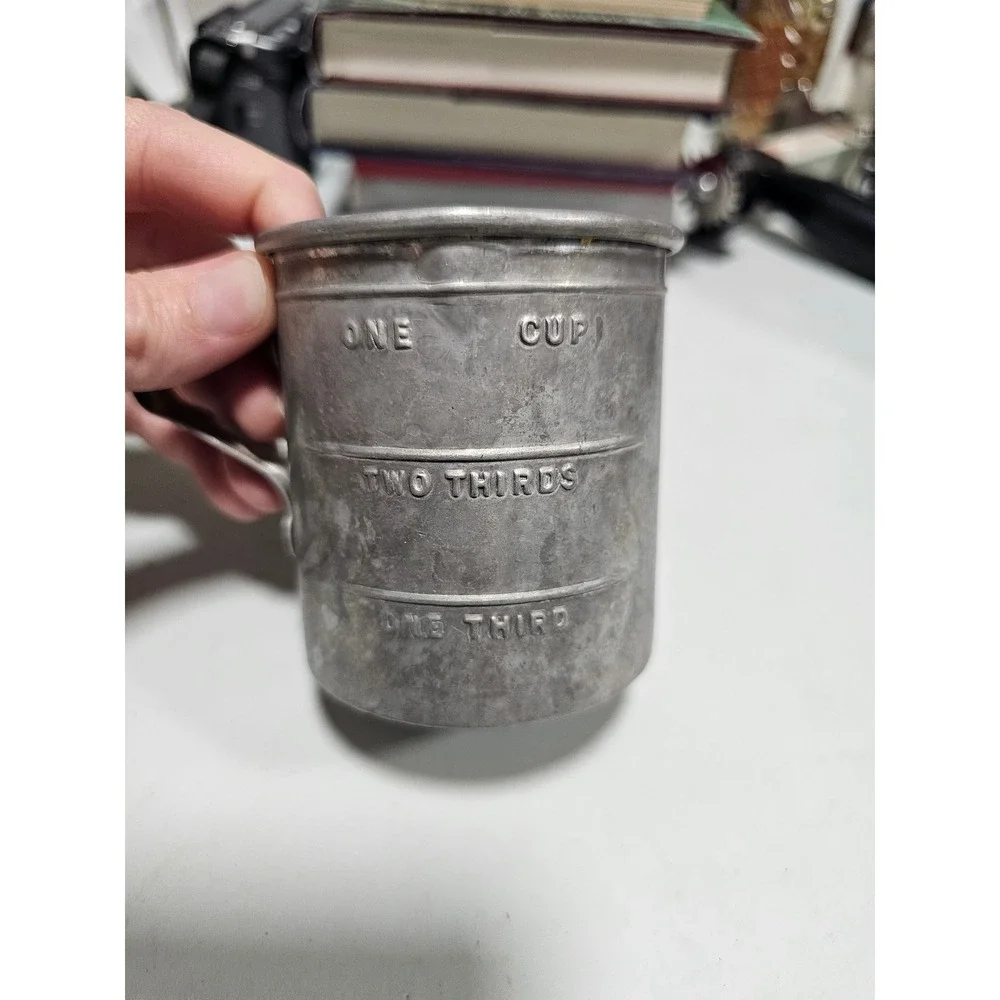 Vintage Aluminum 1 Cup Measuring Cup Embossed Markings Primitive Kitchenware